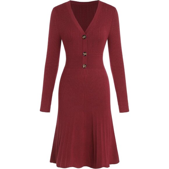 Dresses & Skirts - Women's Ribbed Knit Midi Sweater Dress V-Neck Pleated A-Line Fitted